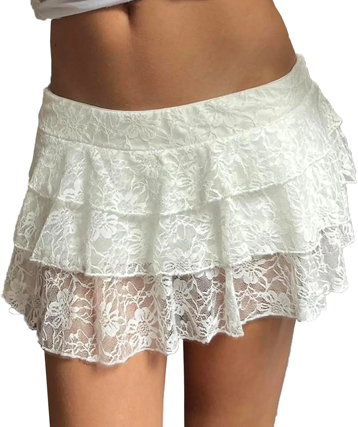 Y2k Women Lace Mini Skirt Ruffle Layered Pleated Flowy Slip Skirt A Line Sexy See Through Low Rise Short Skirts