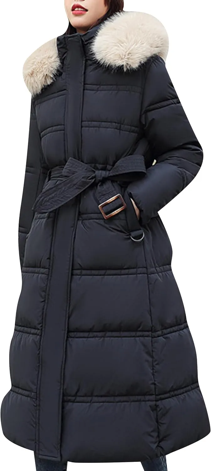 YMING Womens Color Block Long Down Coat Winter Faux Fur Hooded Maxi Jackets Warm Quilted Outerwear with Pockets
