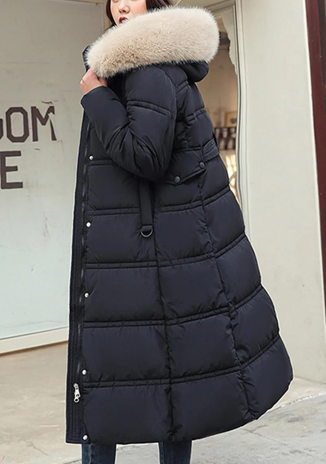 YMING Womens Color Block Long Down Coat Winter Faux Fur Hooded Maxi Jackets Warm Quilted Outerwear with Pockets