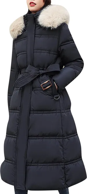 YMING Womens Color Block Long Down Coat Winter Faux Fur Hooded Maxi Jackets Warm Quilted Outerwear with Pockets