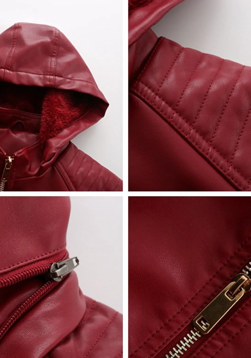 YMING Women's Faux Leather Jacket Removable Hood Front Zip Pockets Jacket Coat Motorcycle Plus Size Jacket With Pocket