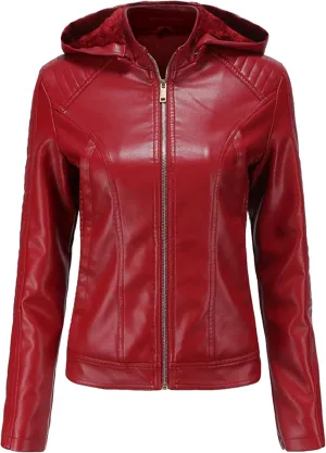 YMING Women's Faux Leather Jacket Removable Hood Front Zip Pockets Jacket Coat Motorcycle Plus Size Jacket With Pocket