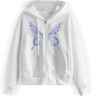 Yoawdats Women's Y2K 2023 Fall Casual Hooded Coat Long Sleeve Lucky Butterfly Print Zip Up Hoodie with 2 Pockets Going Out