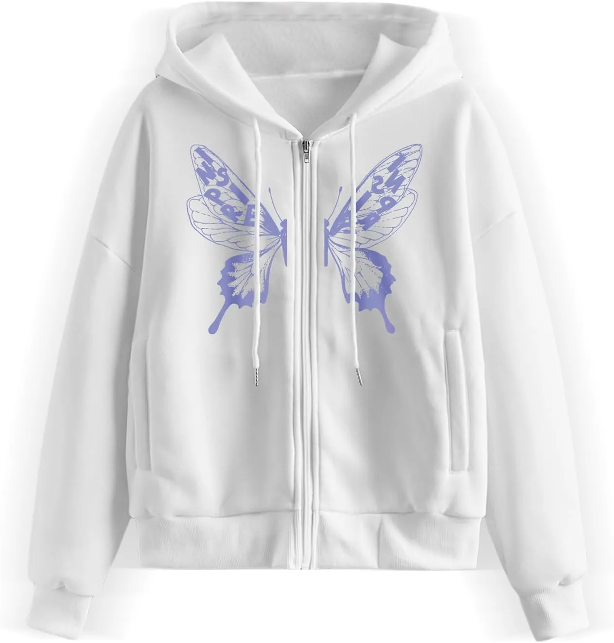 Yoawdats Women's Y2K 2023 Fall Casual Hooded Coat Long Sleeve Lucky Butterfly Print Zip Up Hoodie with 2 Pockets Going Out
