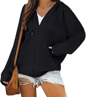 Ytfsrukp Womens Casual Full Zip Up Hoodie Jacket Waffle Sweatshirt with Pockets Oversized Hoodie Loose Fit Basic Y2K Jacket