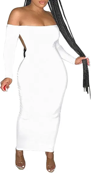 Yuopeid Women's Summer Sexy Off The Shoulder Pullover Long Dress Backless Bodycon Ruched Cocktail Party Midi Dresses