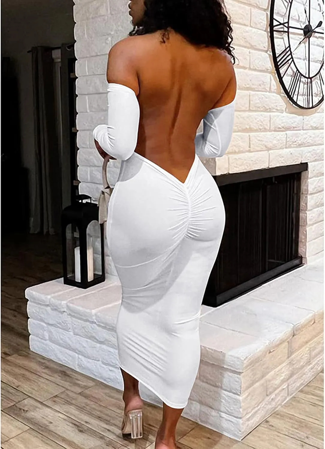 Yuopeid Women's Summer Sexy Off The Shoulder Pullover Long Dress Backless Bodycon Ruched Cocktail Party Midi Dresses