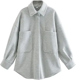 Zontroldy Women's Long Sleeve Wool Pea Coat Casual Lapel Solid Color Snap Button Pocketed Shacket Jacket