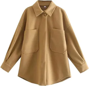 Zontroldy Women's Long Sleeve Wool Pea Coat Casual Lapel Solid Color Snap Button Pocketed Shacket Jacket