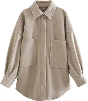 Zontroldy Women's Long Sleeve Wool Pea Coat Casual Lapel Solid Color Snap Button Pocketed Shacket Jacket