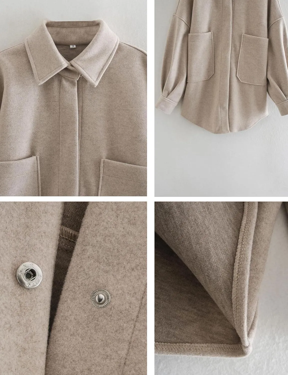 Zontroldy Women's Long Sleeve Wool Pea Coat Casual Lapel Solid Color Snap Button Pocketed Shacket Jacket