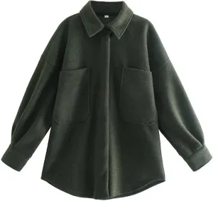 Zontroldy Women's Long Sleeve Wool Pea Coat Casual Lapel Solid Color Snap Button Pocketed Shacket Jacket