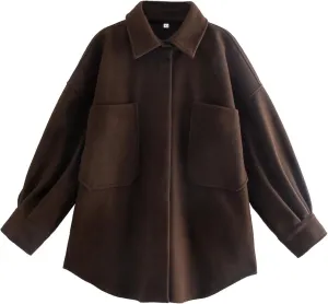 Zontroldy Women's Long Sleeve Wool Pea Coat Casual Lapel Solid Color Snap Button Pocketed Shacket Jacket