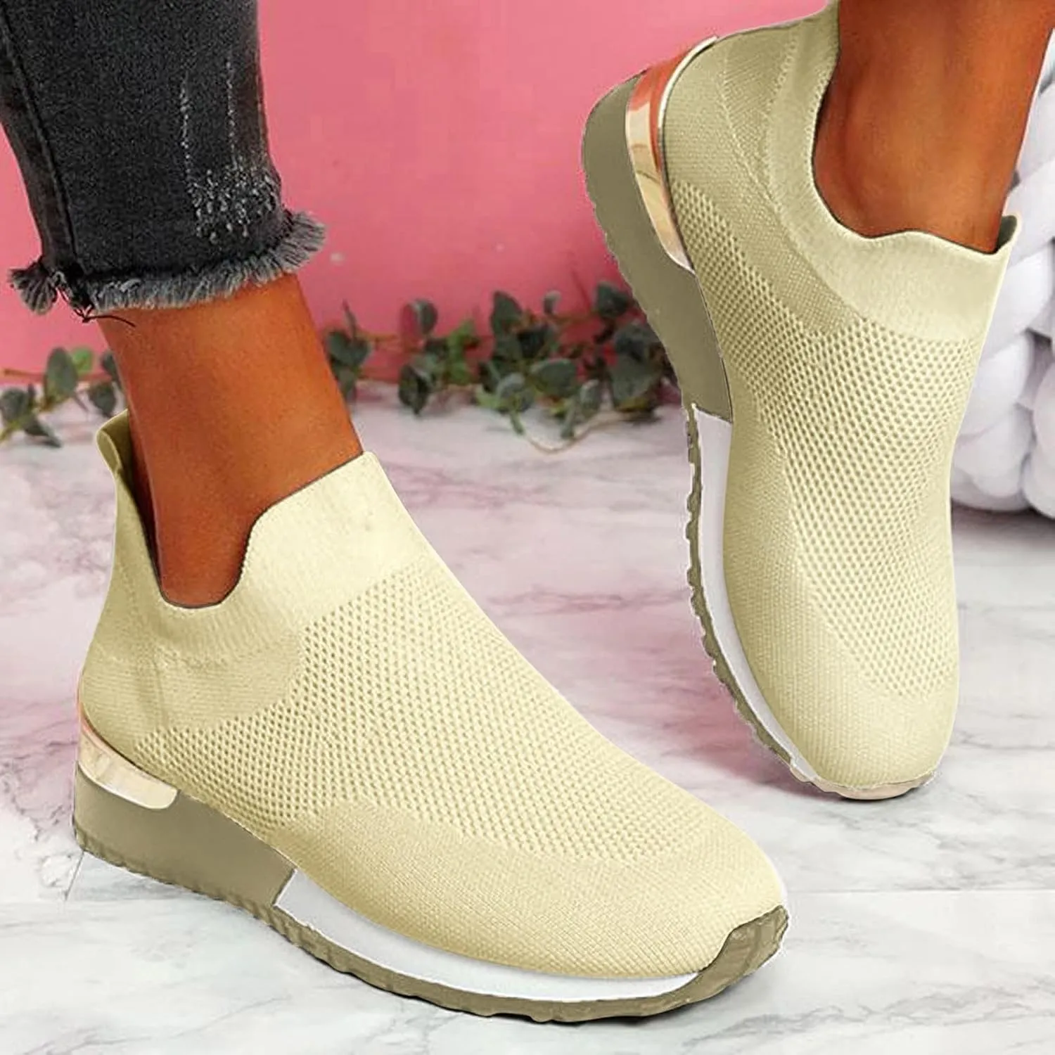 ZSpzx Womens Walking Shoes Sock Tennis Air Cushioned Mesh Flat Breathable Running Sneakers Ladies Fashion Casual Boat Shoes Comfy Slip On Arch Support Lightweight Slip On Shoe for Outdoor Indoor