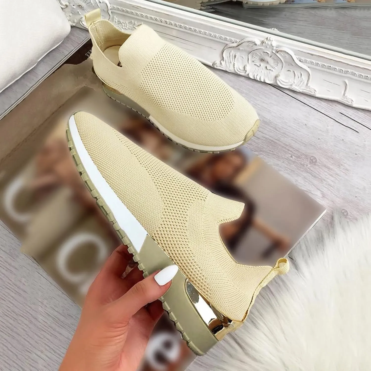 ZSpzx Womens Walking Shoes Sock Tennis Air Cushioned Mesh Flat Breathable Running Sneakers Ladies Fashion Casual Boat Shoes Comfy Slip On Arch Support Lightweight Slip On Shoe for Outdoor Indoor