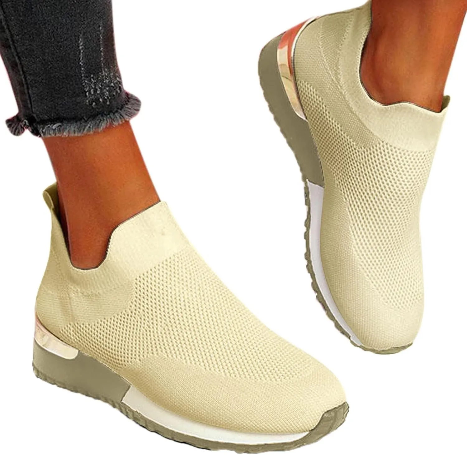 ZSpzx Womens Walking Shoes Sock Tennis Air Cushioned Mesh Flat Breathable Running Sneakers Ladies Fashion Casual Boat Shoes Comfy Slip On Arch Support Lightweight Slip On Shoe for Outdoor Indoor